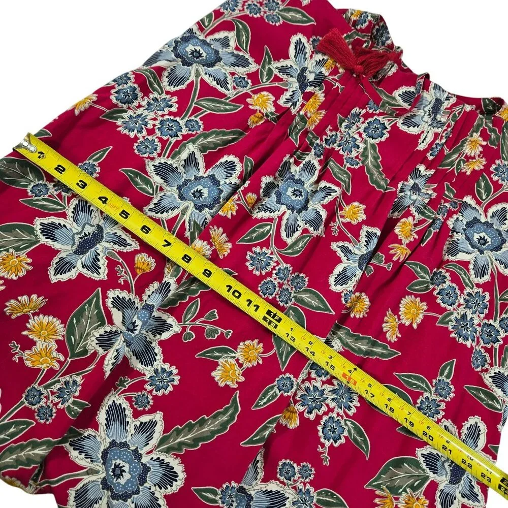 Old Navy Red Floral Boho Sleeveless Dress Womens M Rayon Tassel Tie Neck Pleated - Picture 9 of 12
